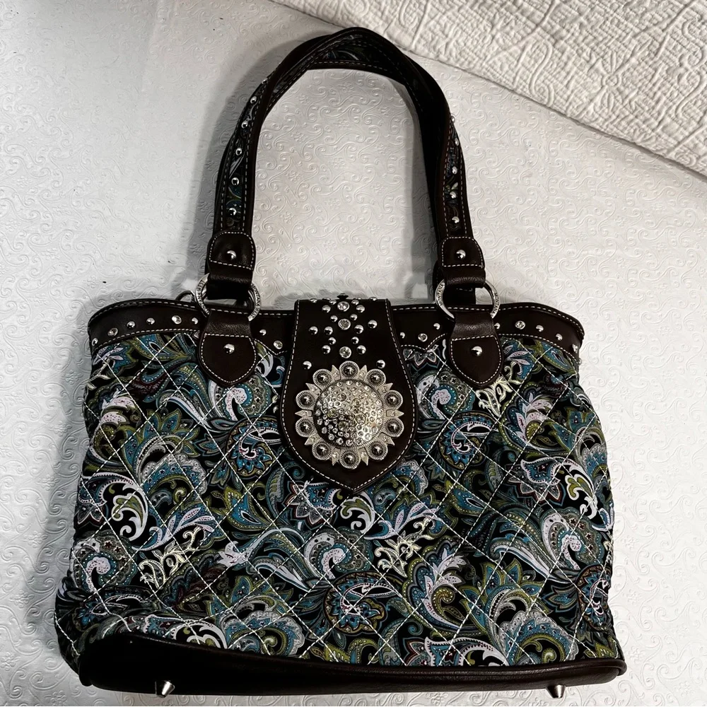 Montana West Western Purse Handbag Concho Turquoise Paisley Print Silver Cowgirl